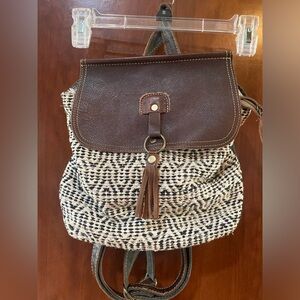 Myra Bag Brown Leather Flap & Black-Cream Woven Backpack